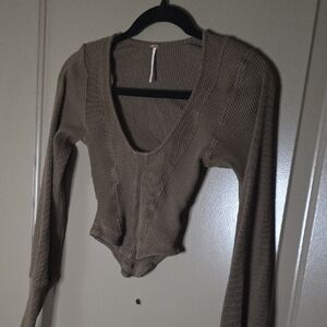 Free People Army Green Knit Crop Top Long Sleeve size S